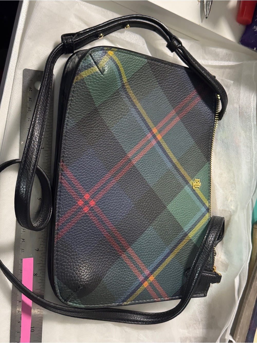 Ralph Lauren Green Tartan Plaid Messenger Bag with Navy & Red Accents - Picture 5 of 8